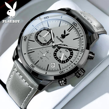 PLAYBOY Top Brand Fashion Watch for Men Leather Strap  High Quality Casual Waterproof Luxury Quartz Men's Watches